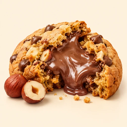 Close do recheio de chocolate e avelã de um cookie partido